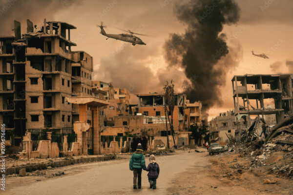 Two homeless little girl walking in destroyed city, soldiers and helicopters and tanks are still attacking the city