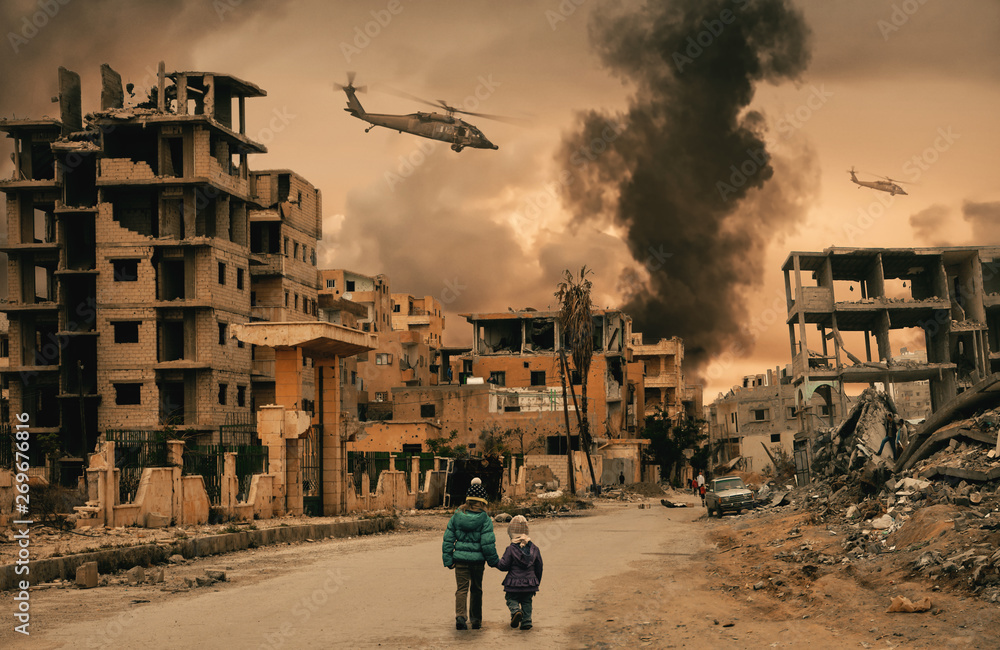 Two homeless little girl walking in destroyed city, soldiers and helicopters and tanks are still attacking the city
