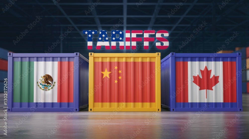 US Imposes Tariffs from China, Canada, Mexico. Geopolitical Trade Impacts in Global. America Tariff Policy. International Trade Relations, Increased Import Tariffs, Trade War Dispute Over  Exports
