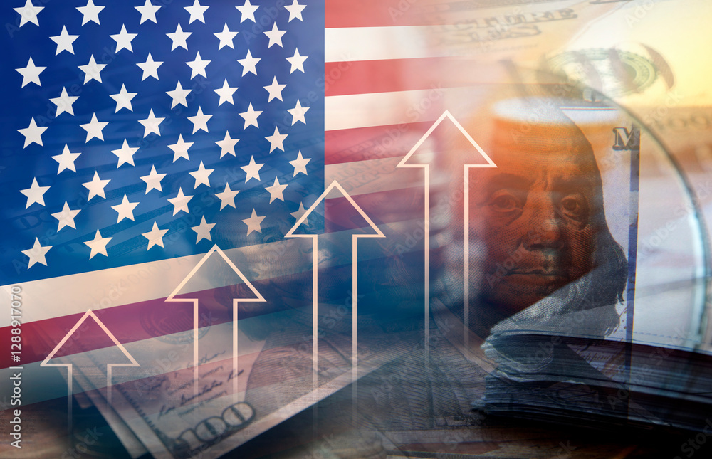 US tariff rate rising , trade policy , business graph and dollars banknote , tax calculation change
