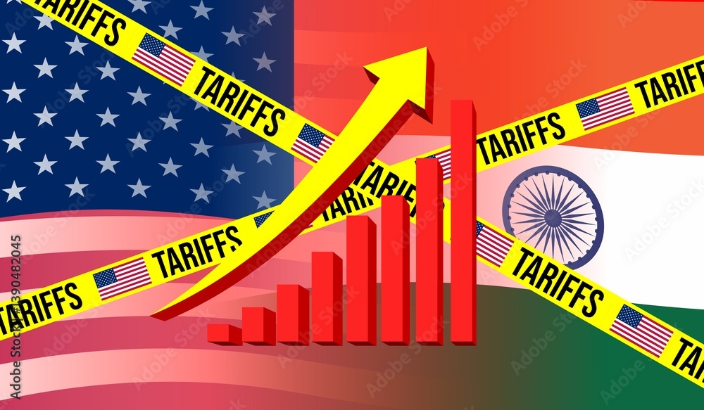 U.S. tariffs on Indian imports trade policy concept with increasing red bars illustrating economic protectionism, international commerce conflict, and global market regulations.