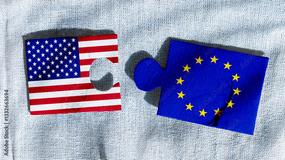 USA vs EU. Tensions Between the United States of America and European Union. Disconnected Puzzle Pieces Symbolize Broken Relations and Geopolitical Disputes.