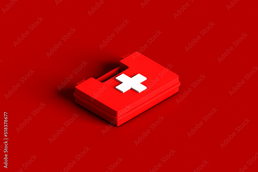 White first aid kit with a red cross. 3d render